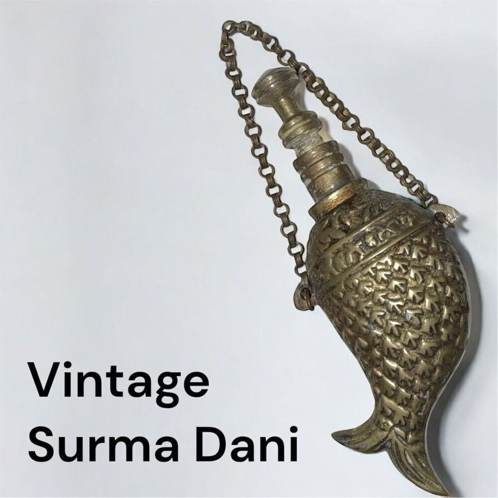Vintage Brass Fish Shape Kohl Bottle Surma Dani Decor Collectible